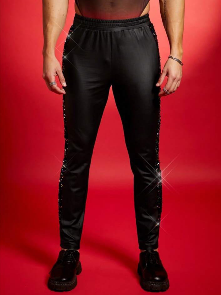 Crystal City Men's Elastic Faux PU Leather Pants With Sequin Details